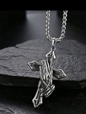 Praying Hands Cross Pendant Necklace - Silver Tone